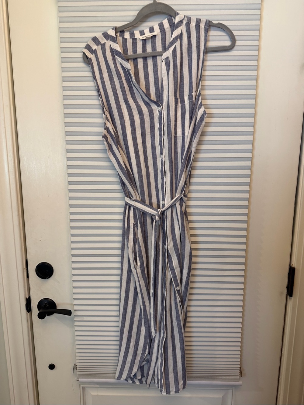 beachlunchlounge Navy White Sleeveless summer linen button front beach Dress L